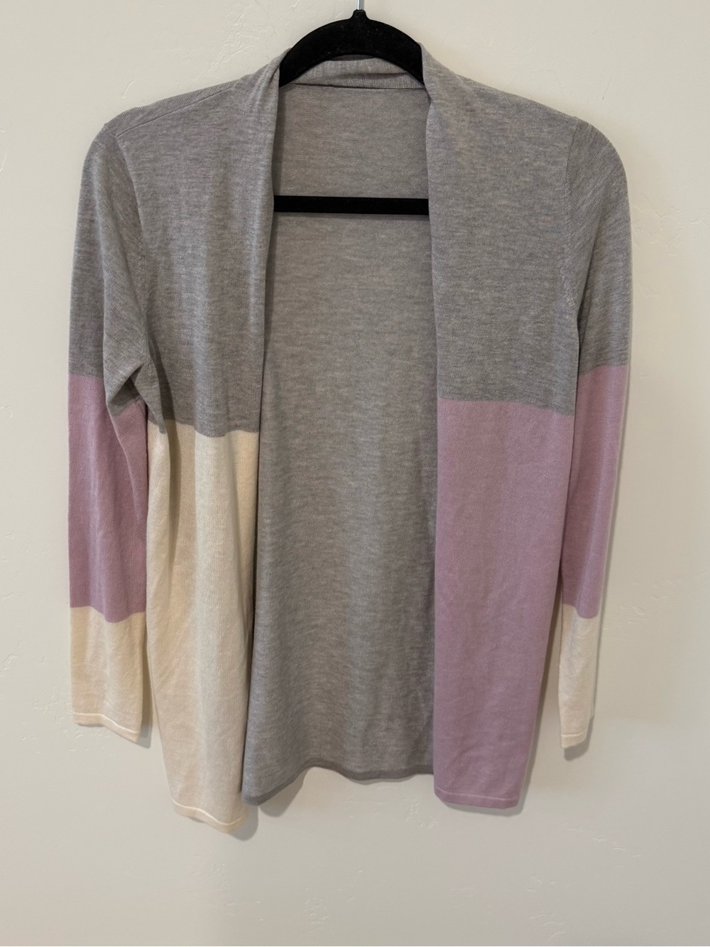 Light Gray Open Front Colorblock Cardigan Womens Small Silk Cashmere Wool Light